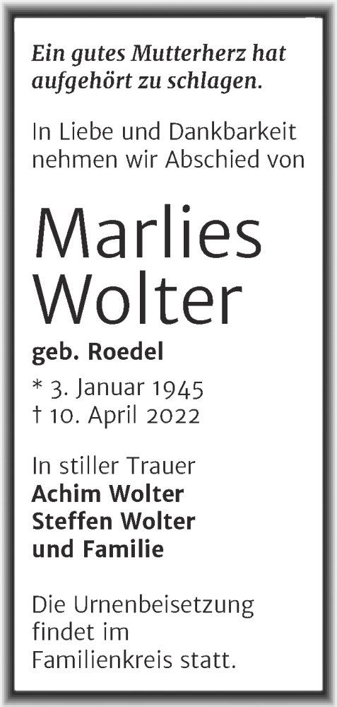  Traueranzeige für Marlies Wolter vom 16.04.2022 aus Trauerkombi Köthen
