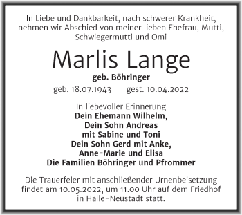Traueranzeige von Marlis Lange von Mitteldeutsche Zeitung Halle/Saalkreis