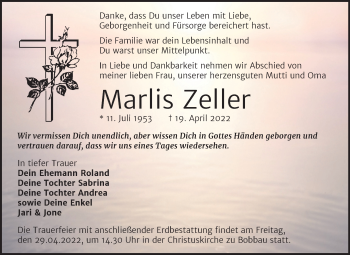 Traueranzeige von Marlis Zeller von Trauerkombi Bitterfeld