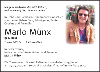 Traueranzeige von Marlo Münx von Trauerkombi Bernburg