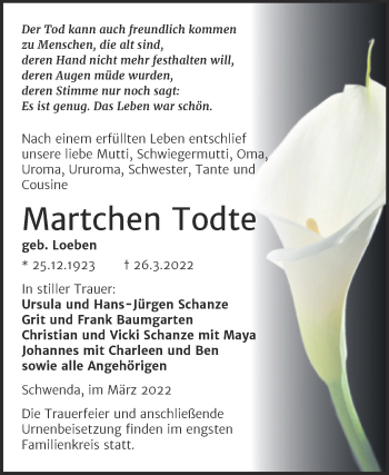Traueranzeige von Martchen Todte von Trauerkombi Sangerhausen