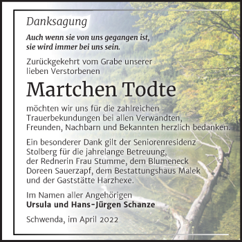 Traueranzeige von Martchen Todte von Trauerkombi Sangerhausen