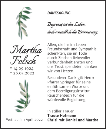 Traueranzeige von Martha Felsch von Naumburger Tageblatt