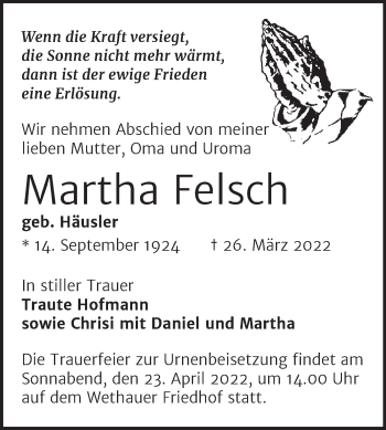 Traueranzeige von Martha Felsch von Naumburger Tageblatt