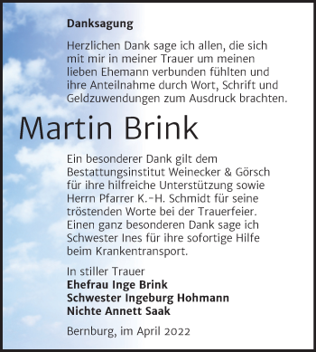 Traueranzeige von Martin Brink von Trauerkombi Bernburg
