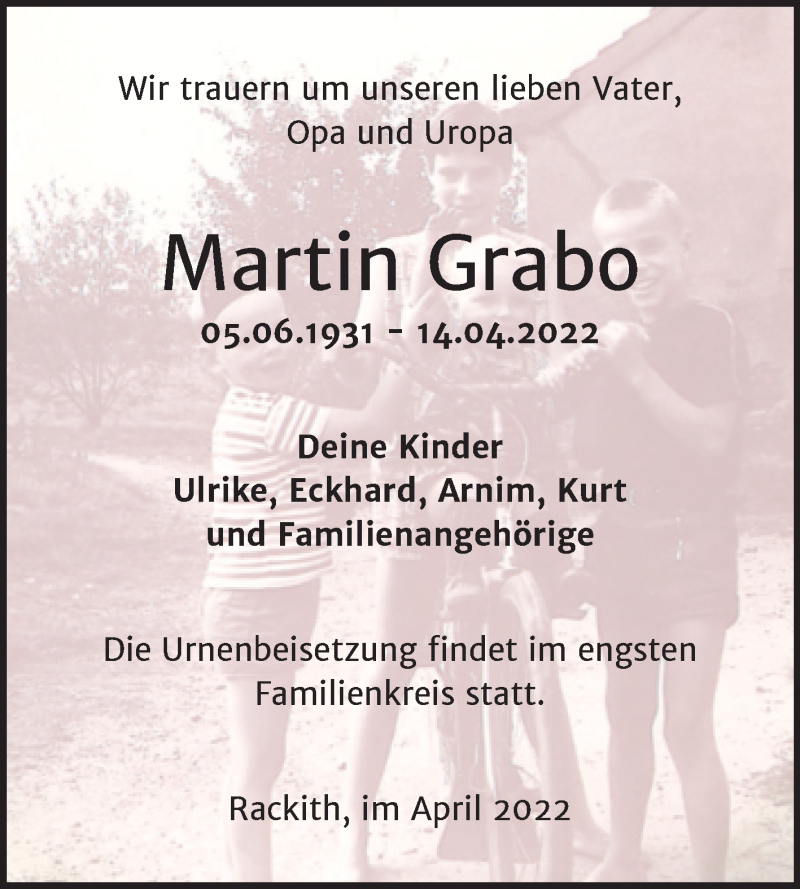 Traueranzeigen von Martin Grabo www.abschiednehmen.de