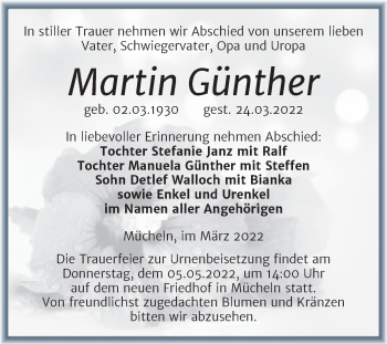 Traueranzeige von Martin Günther von Trauerkombi Merseburg