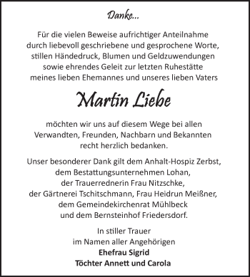Traueranzeige von Martin Liebe von Trauerkombi Bitterfeld