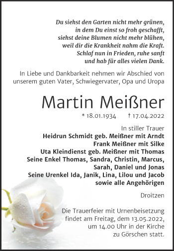 Traueranzeige von Martin Meißner von Wochenspiegel Naumburg/Nebra