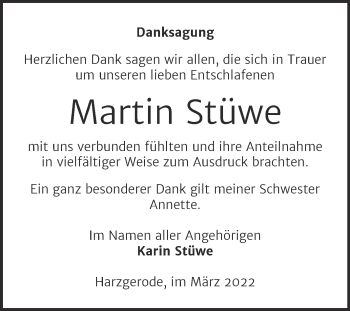 Traueranzeige von Martin Stüwe von Trauerkombi Quedlinburg