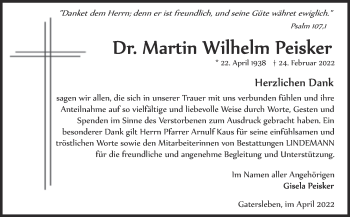 Traueranzeige von Martin Wilhelm Peisker von Trauerkombi Aschersleben