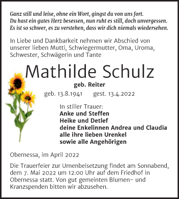 Traueranzeige von Mathilde Schulz von Trauerkombi Weißenfels