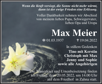 Traueranzeige von Max Meier von Trauerkombi Wittenberg