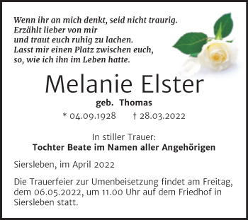 Traueranzeige von Melanie Elster von Trauerkombi Mansfelder Land