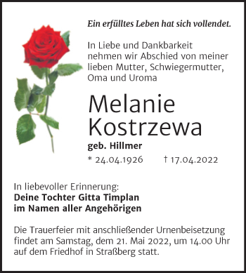 Traueranzeige von Melanie Kostrzewa von Trauerkombi Quedlinburg