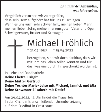 Traueranzeige von Michael Fröhlich von Trauerkombi Merseburg