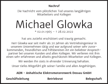 Traueranzeige von Michael Glowka von Mitteldeutsche Zeitung Dessau-Roßlau