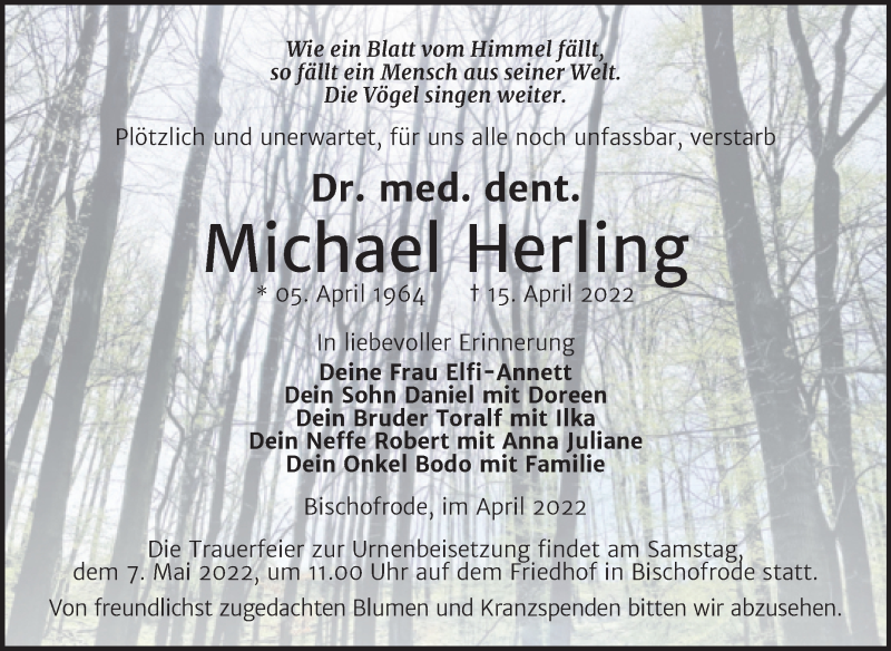  Traueranzeige für Michael Herling vom 27.04.2022 aus Trauerkombi Mansfelder Land