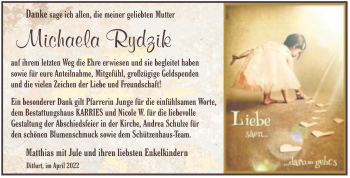 Traueranzeige von Michaela Rydzik von Trauerkombi Quedlinburg