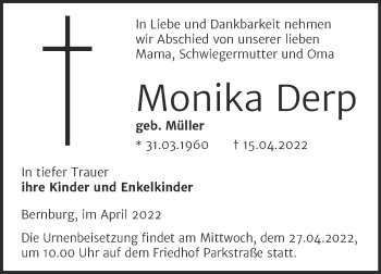 Traueranzeige von Monika Derp von Trauerkombi Bernburg