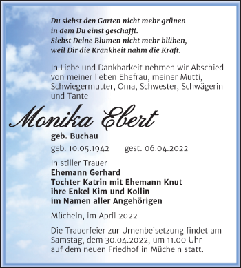 Traueranzeige von Monika Ebert von Trauerkombi Merseburg