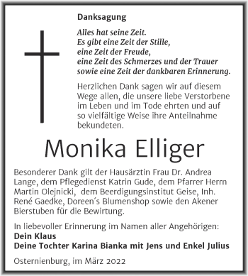 Traueranzeige von Monika Eiliger von Trauerkombi Köthen