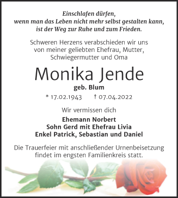 Traueranzeige von Monika Jende von Trauerkombi Bernburg