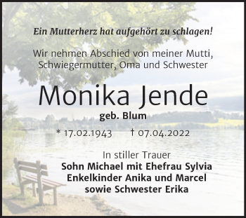 Traueranzeige von Monika Jende von Trauerkombi Bernburg
