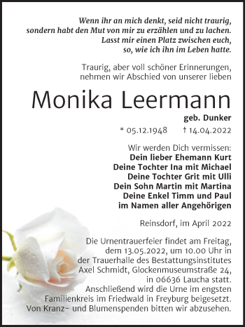 Traueranzeige von Monika Leermann von Wochenspiegel Naumburg/Nebra