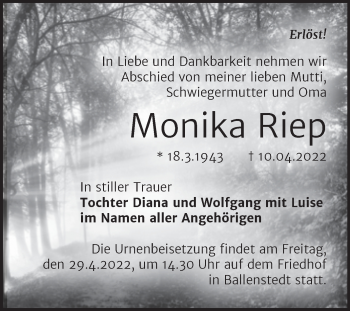 Traueranzeige von Monika Riep von Trauerkombi Quedlinburg