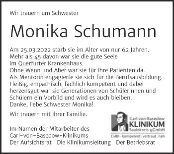 Traueranzeige von Monika Schumann von Mitteldeutsche Zeitung Merseburg/Querfurt