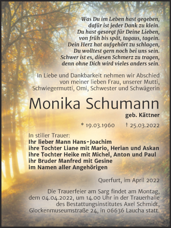 Traueranzeige von Monika Schumann von Super Sonntag Merseburg/Querfurt