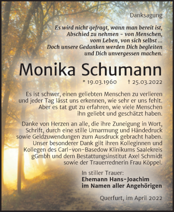 Traueranzeige von Monika Schumann von Super Sonntag Merseburg/Querfurt