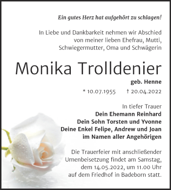 Traueranzeige von Monika Trolldenier von Trauerkombi Quedlinburg
