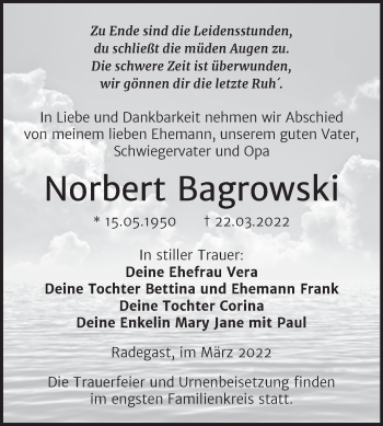 Traueranzeige von Norbert Bagrowski von Trauerkombi Köthen