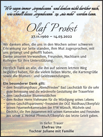 Traueranzeige von Olaf Probst von Trauerkombi Merseburg