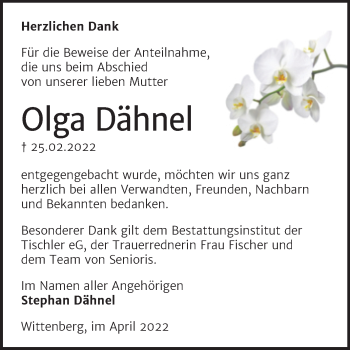 Traueranzeige von Olga Dähnel von Trauerkombi Wittenberg