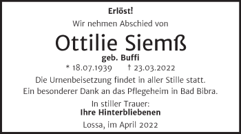 Traueranzeige von Ottilie Siemß von Wochenspiegel Naumburg/Nebra