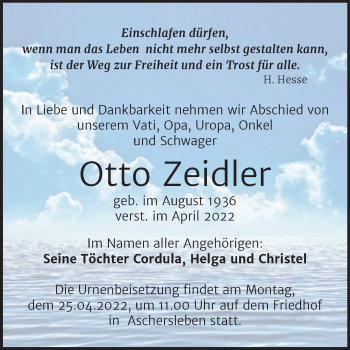 Traueranzeige von Otto Zeidler von Trauerkombi Aschersleben