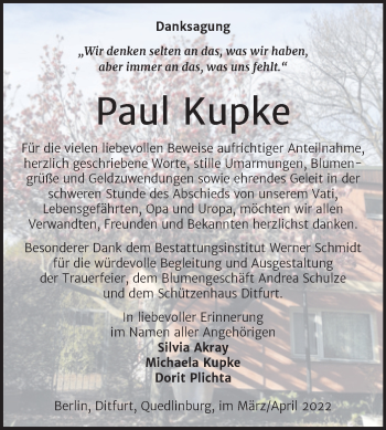 Traueranzeige von Paul Kupke von Trauerkombi Quedlinburg