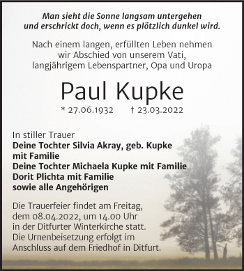 Traueranzeige von Paul Kupke von Trauerkombi Quedlinburg