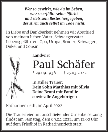 Traueranzeige von Paul Schäfer von Trauerkombi Sangerhausen