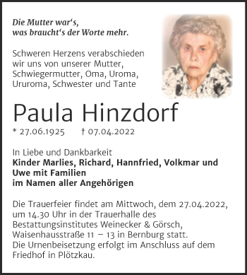 Traueranzeige von Paula Hinzdorf von Trauerkombi Bernburg