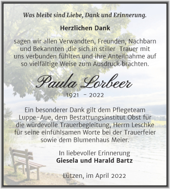Traueranzeige von Paula Lorbeer von Trauerkombi Weißenfels