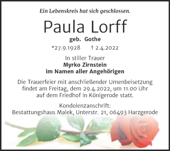 Traueranzeige von Paula Lorff von Trauerkombi Quedlinburg