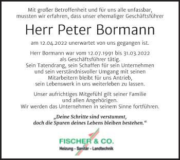 Traueranzeige von Peter Bormann von Super Sonntag Wittenberg
