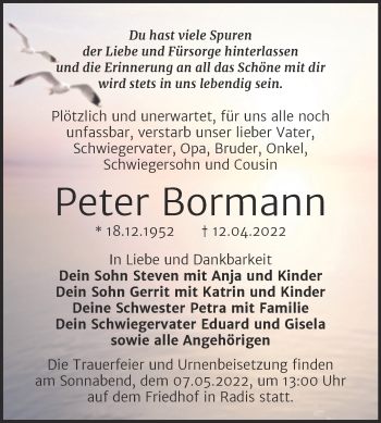 Traueranzeige von Peter Bormann von Trauerkombi Wittenberg