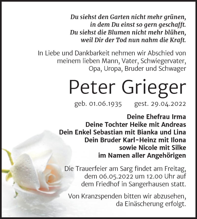  Traueranzeige für Peter Grieger vom 30.04.2022 aus Trauerkombi Sangerhausen
