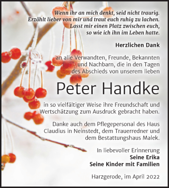 Traueranzeige von Peter Handke von Trauerkombi Quedlinburg