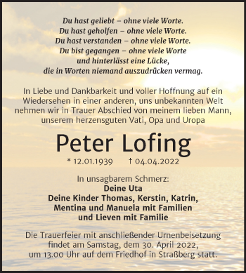 Traueranzeige von Peter Lofing von Trauerkombi Quedlinburg